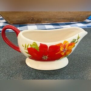 Pioneer Woman Stoneware Gravy Boat Red Green Poinsettia Holiday Christmas